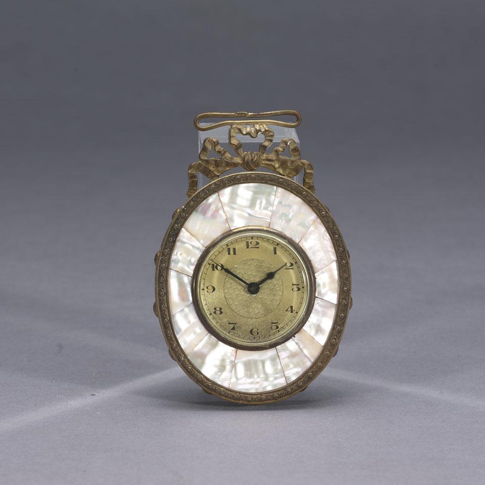 Small Austian Gilt Bronze and Mother of Pearl Ribbon Suspended Boudoir Clock, c.1910