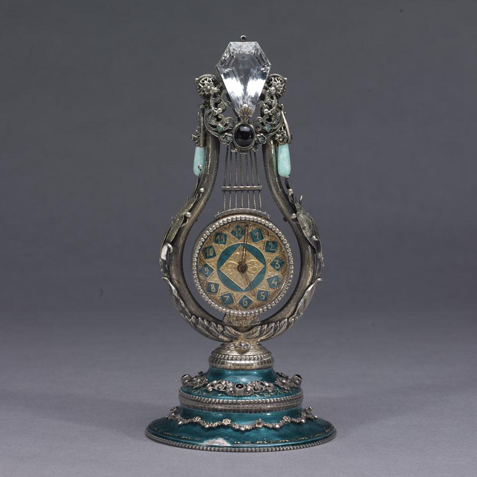 Enamelled Silver Lyre Form Musical Table Timepiece, mid 20th century
