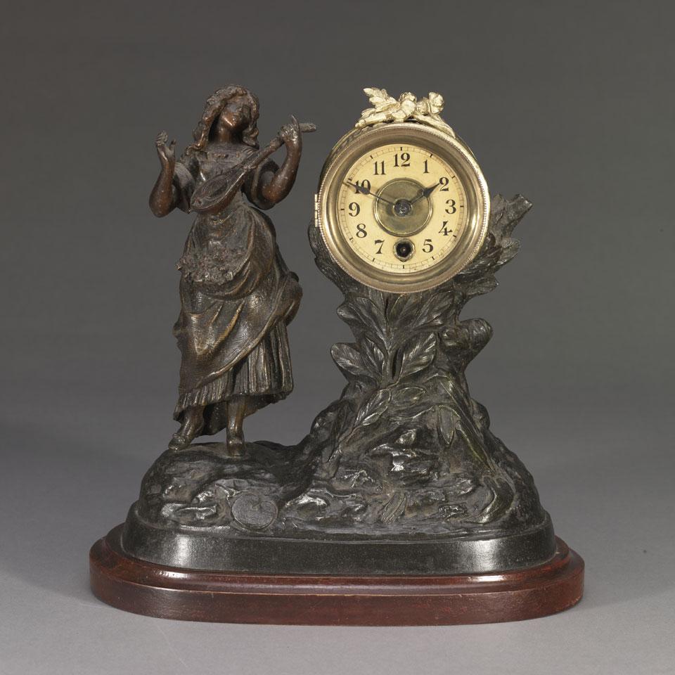 Patinated White Metal Figural Mantel Clock, Max Busse, Berlin, 19th century