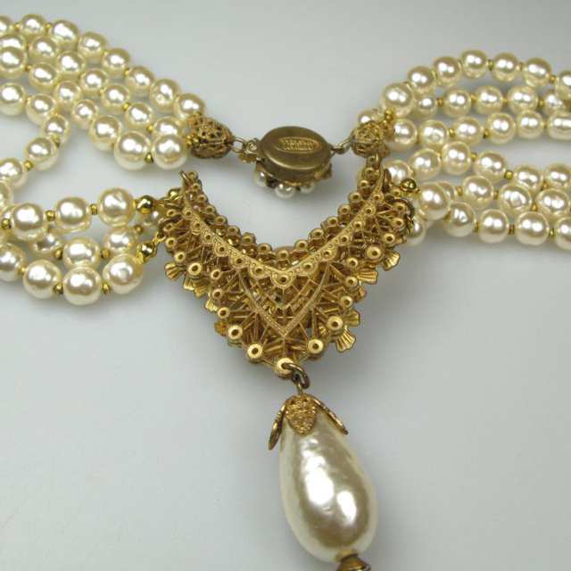 Miriam Haskell Triple Strand Faux Pearl Necklace