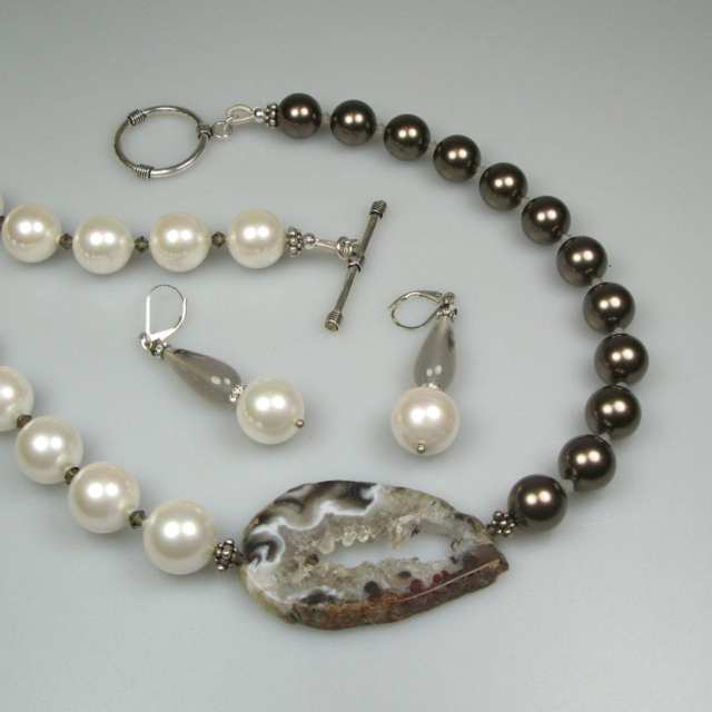 Alice Chik Silver, Agate, Rhinestone And Faux Pearl Necklace And Drop Earrings