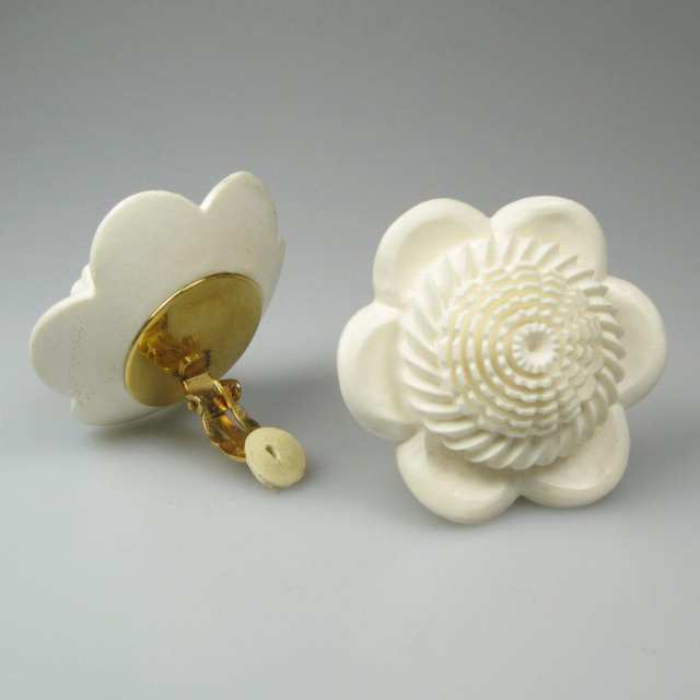 Pair Of Chanel “Camelia” Resin And Gold Tone Metal Earrings