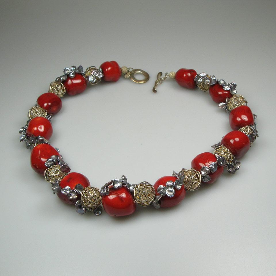 Silver, Grey Freshwater Blister Pearl And Red Coral Necklace