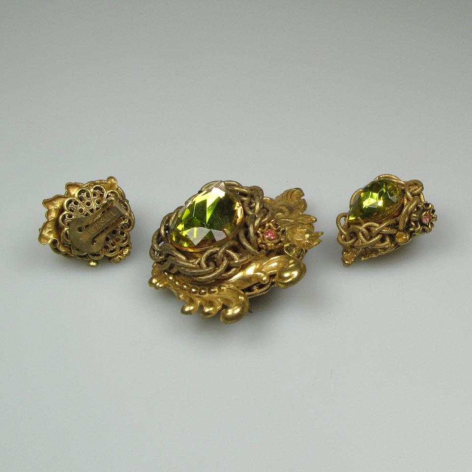 Miriam Haskell Gold Tone Metal Brooch And Earrings