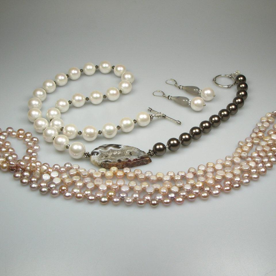 Alice Chik Silver, Agate, Rhinestone And Faux Pearl Necklace And Drop Earrings