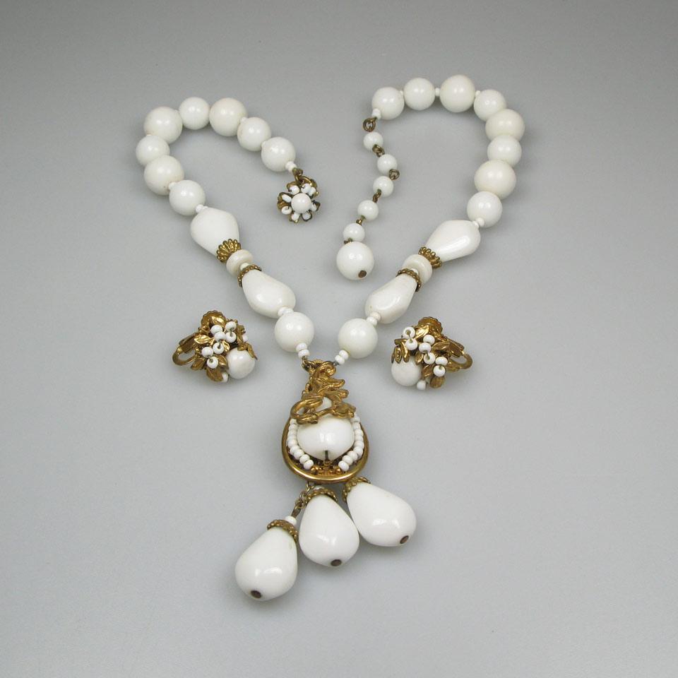 Miriam Haskell Gold Tone Metal Necklace And Earrings set with milk glass stones