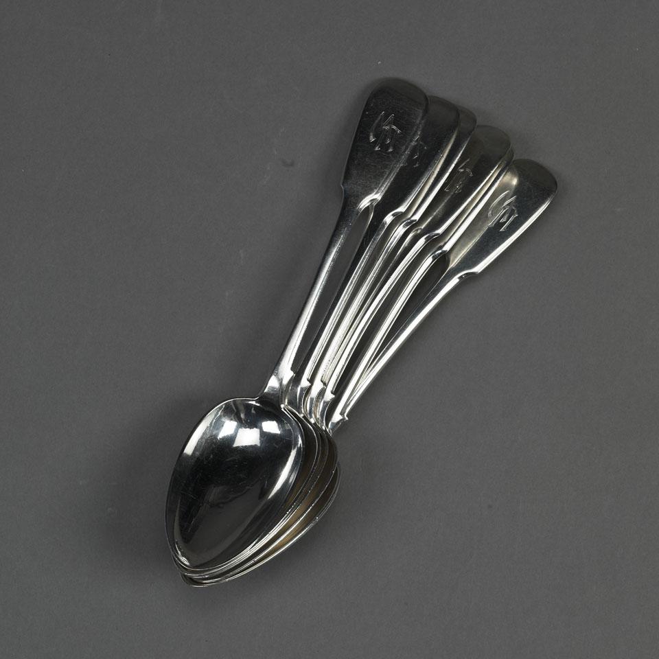 Six Russian Silver Fiddle Pattern Dessert Spoons, Ivan P. Khlebnikov, Moscow, late 19th century