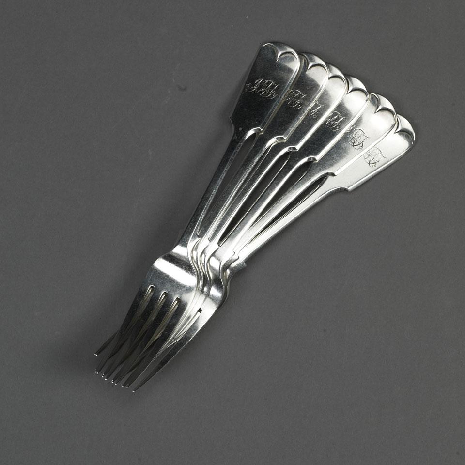 Six Victorian Silver Fiddle Pattern Table Forks, Francis Higgins, London, 1860