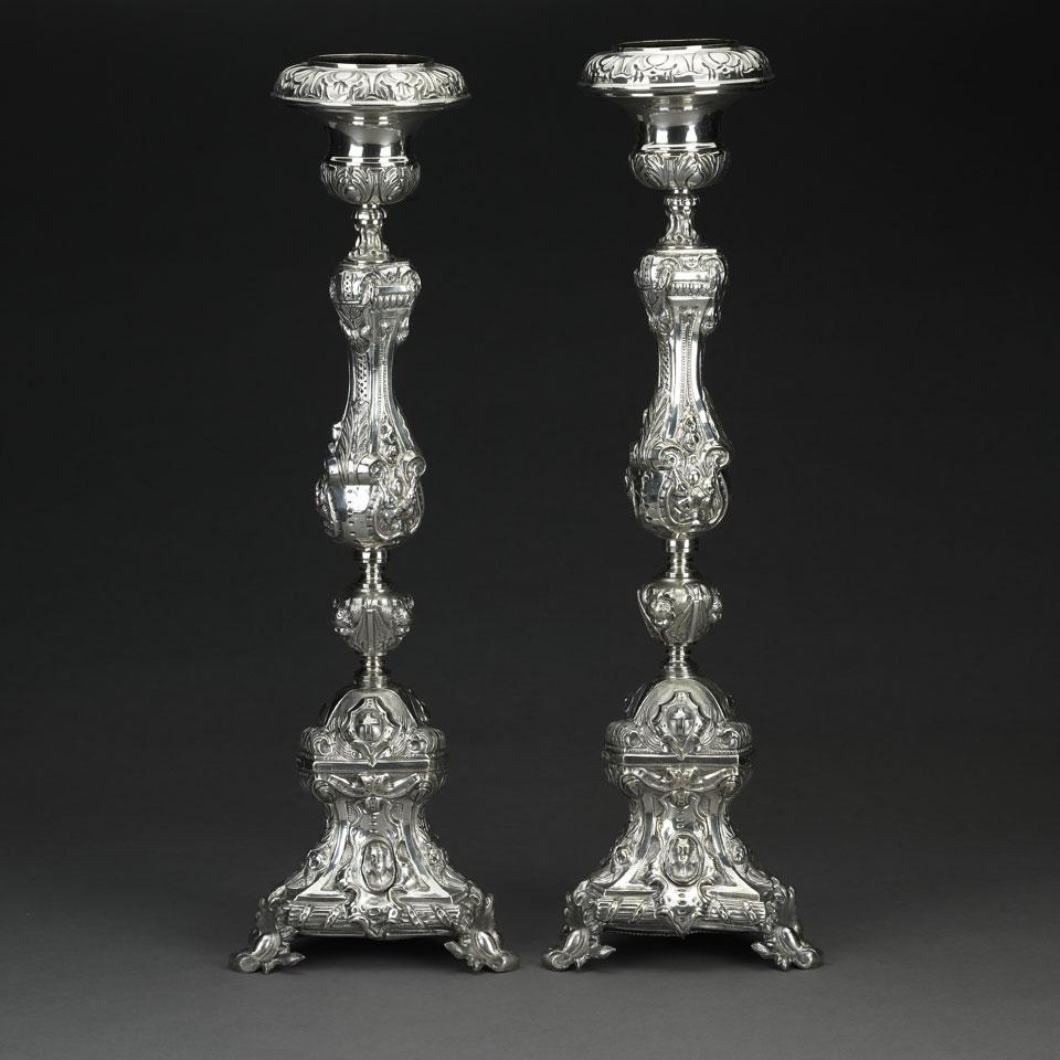 Pair of Continental European Silver Plated Altar Candlesticks, 19th century