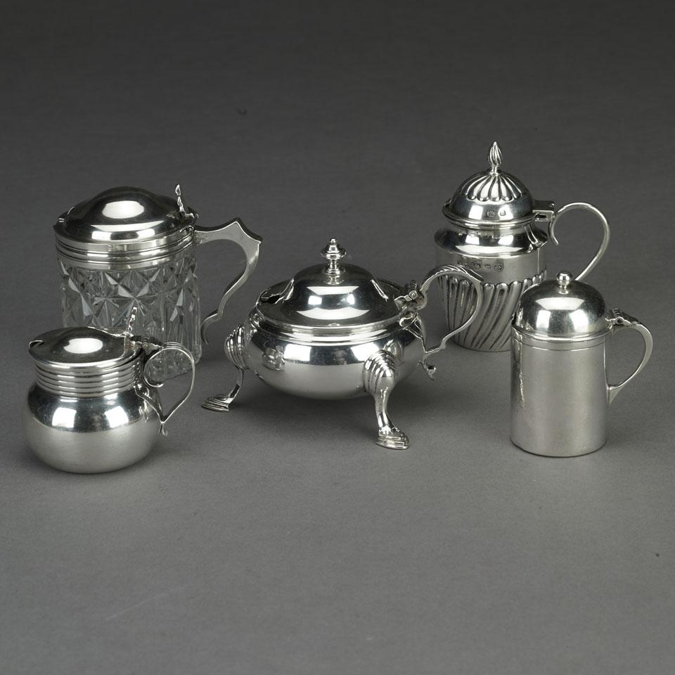 Five English Silver and Silver Mounted Mustard Pots, various makers, c.1879-1943