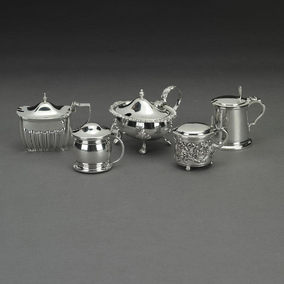 Five English Silver Mustard Pots, various makers, c.1902-1975