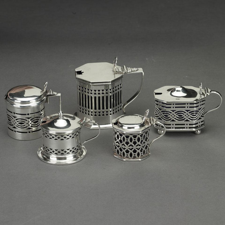 Five English Silver Pierced Mustard Pots, various makers, c.1895-1932