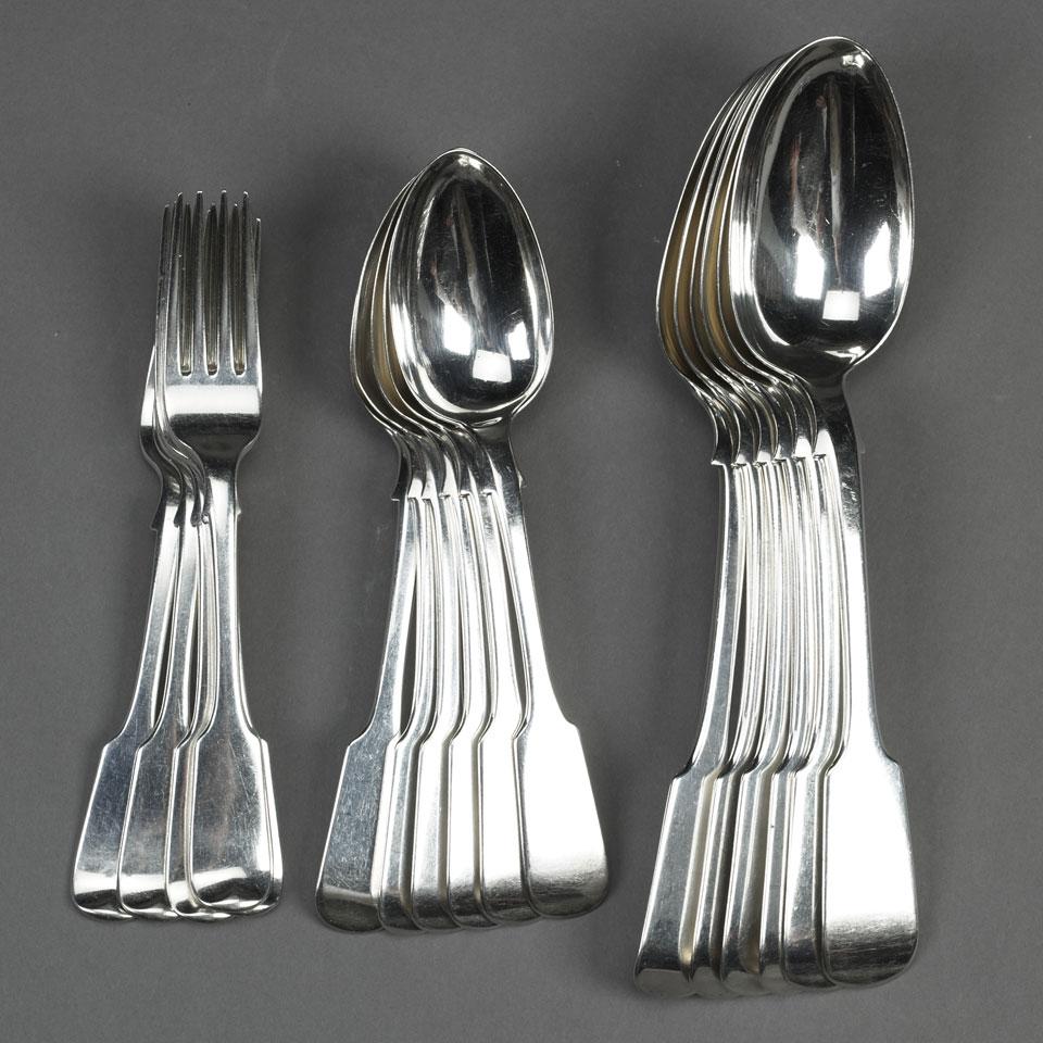 Six Victorian Scottish Silver Fiddle Pattern Table Spoons, Six Dessert Spoons and Six Forks, Marshall & Sons, Edinburgh, 1847/48