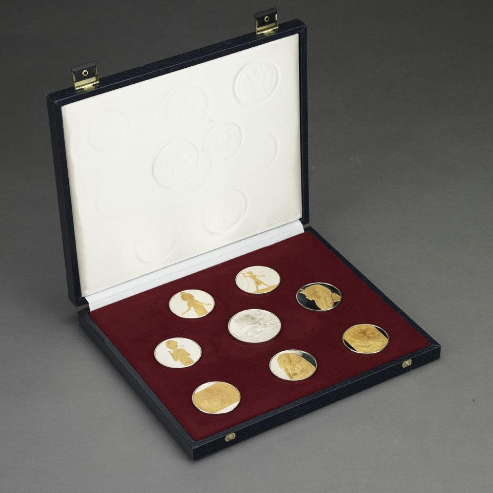 Seven Sterling Silver Parcel Gilt Tutankhamen Medallions, 1977 and Rembrandt Medallion of Danaë, 1975