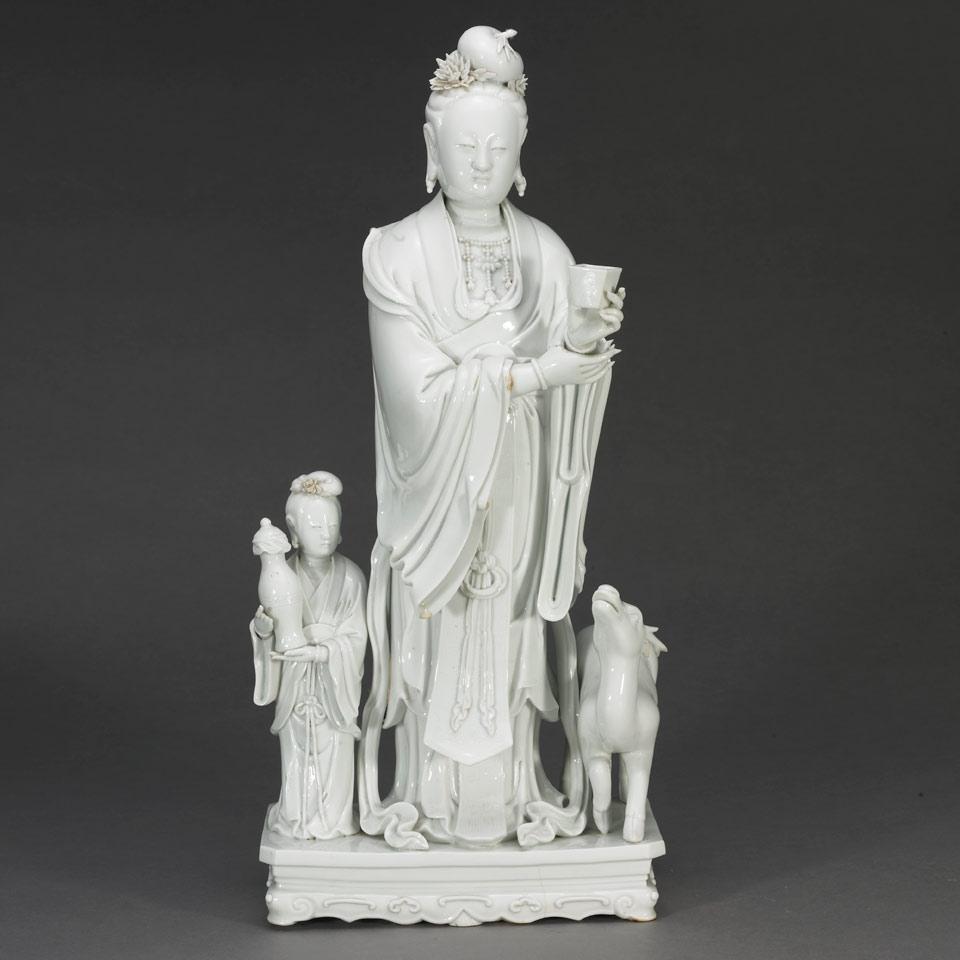Large Blanc-de-Chine Guanyin with Deer and Attendant, Early 20th Century 