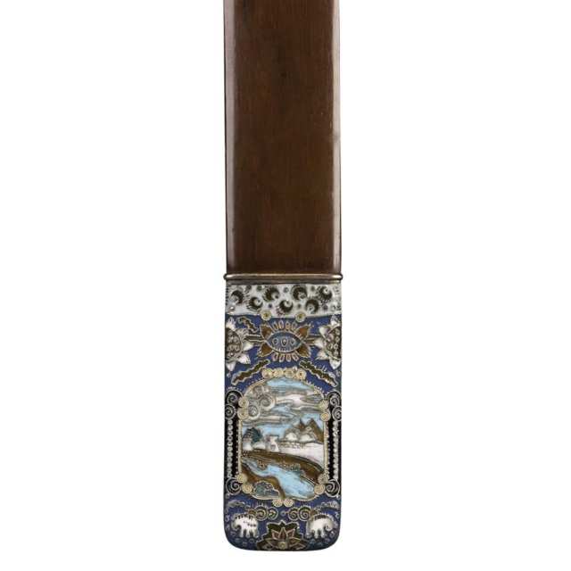 Russian Painted and Cloisonné Enamel Decorated Silver-Gilt Handled Page Turner, Carl Fabergé, Moscow, 1908-17