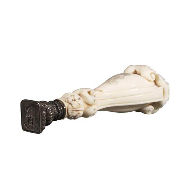 French Silver Mounted Carved Ivory Desk Seal, Third Quarter, 19th century
