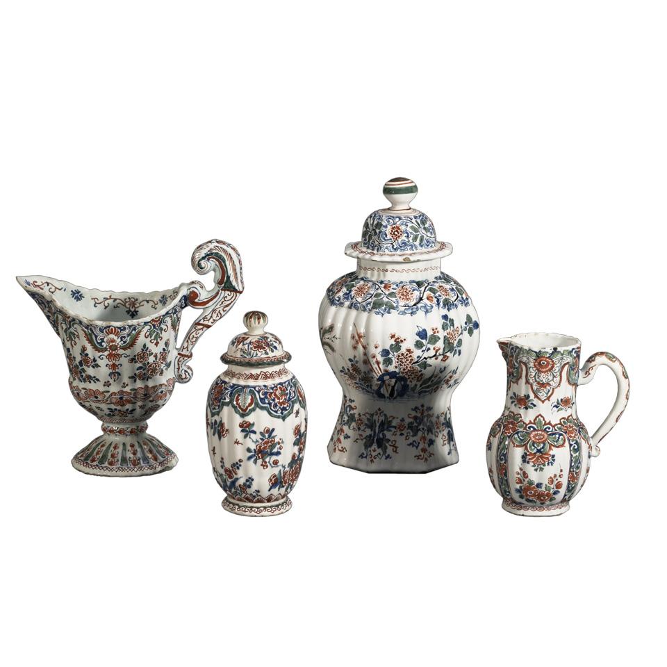 Two Delft Polychrome Ribbed Cachemire Style Covered Vases and Two Jugs, 18th/19th century
