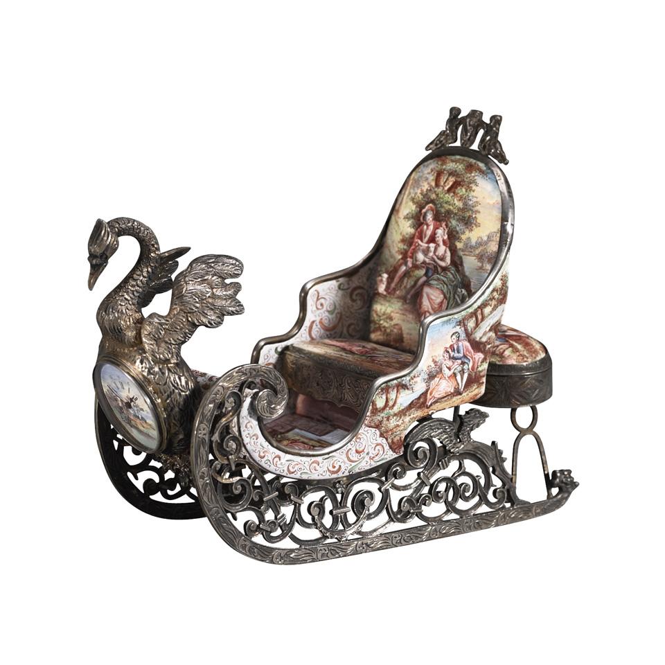 Viennese Enamel and Silver Gilt Miniature Sleigh with Watch, c.1890