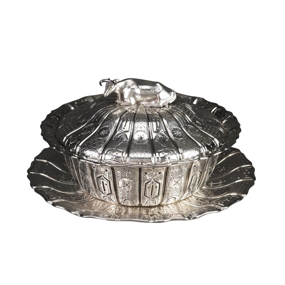 Victorian Silver Covered Butter Dish and Stand, John Samuel Hunt for Hunt & Roskell, London, 1852