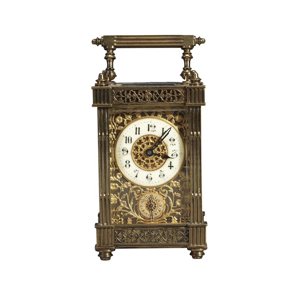 French Gilt Brass Carriage Alarm Timepiece, 19th century