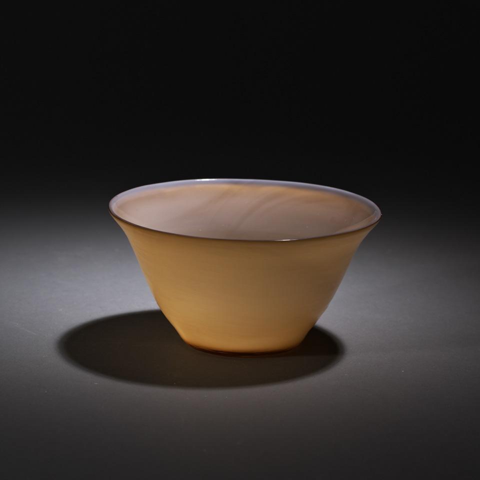 Venini Battuto Amber and Opaque White Glass Small Bowl, 1950’s