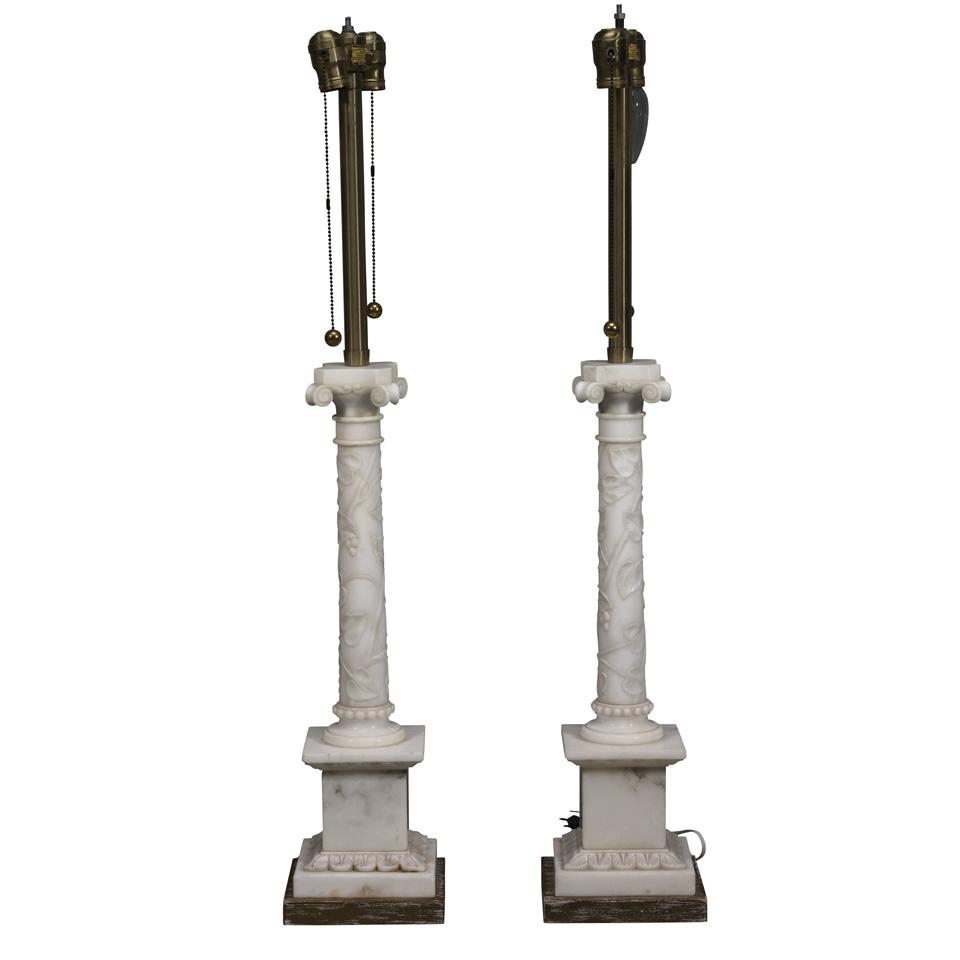 Pair of Italian Marble Column Form Table Lamps, mid 20th century
