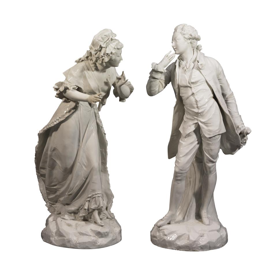Pair of German Porcelain White Glazed Figures of a Courtier and Companion, late 19th century