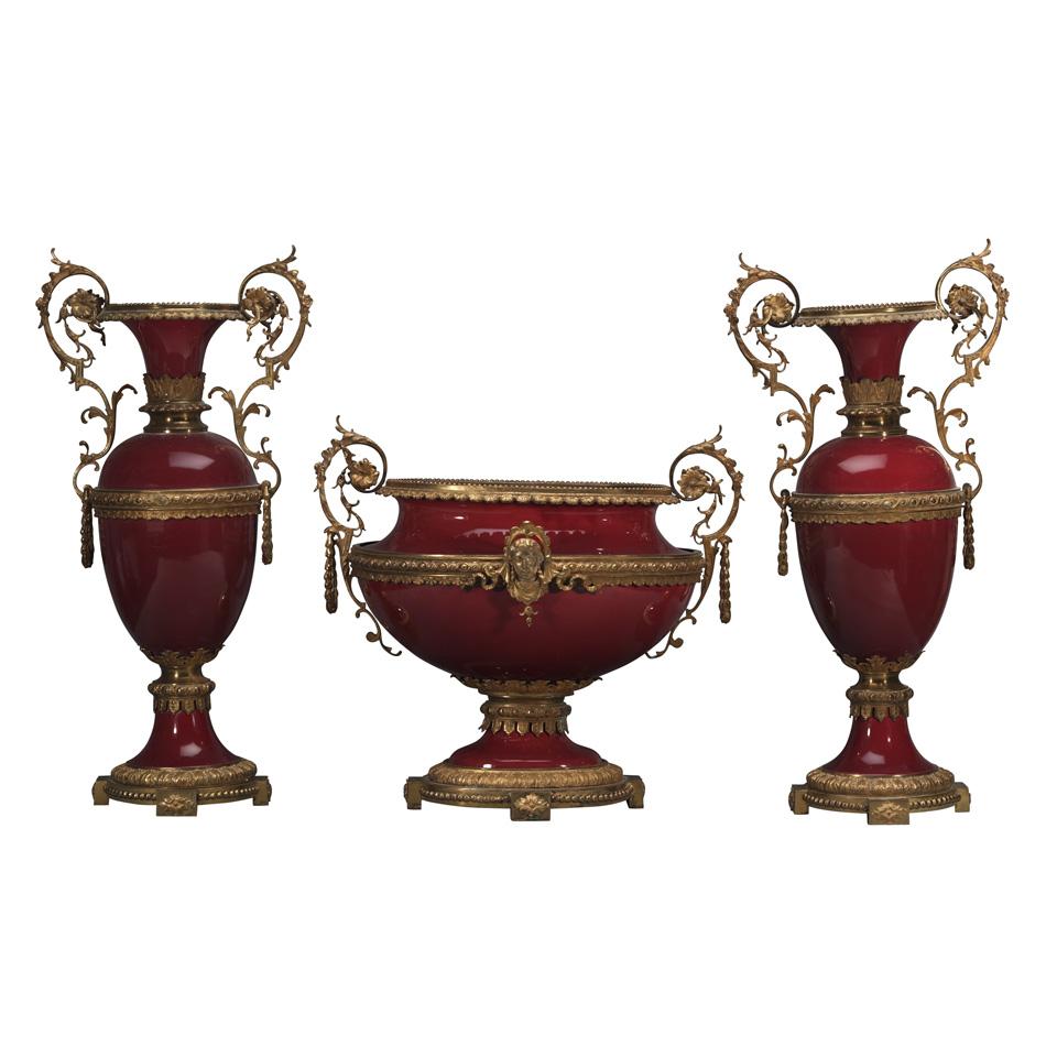 French Three Piece Ormolu Mounted ‘Sang de Bouef’ Porcelain Table Garniture, c.1870