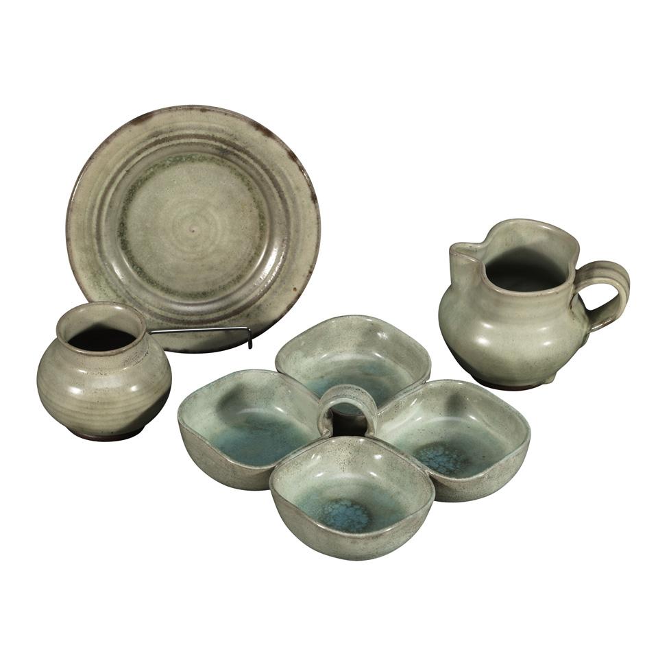 Deichmann Green Glazed Jug, Plate, Vase and Quatrefoil Dish, Kjeld & Erica Deichmann, mid-20th century