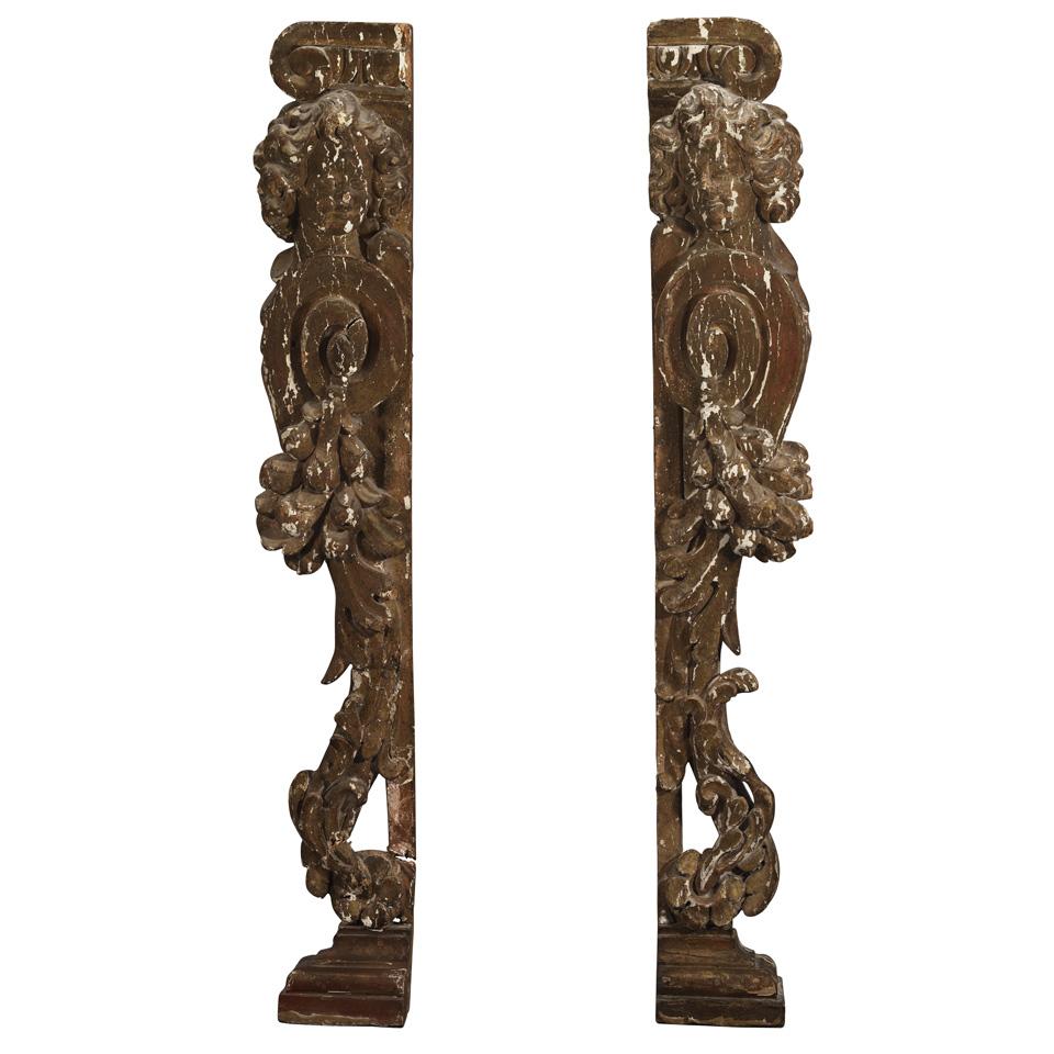 Pair French Baroque Carved Giltwood Pilasters, 18th century