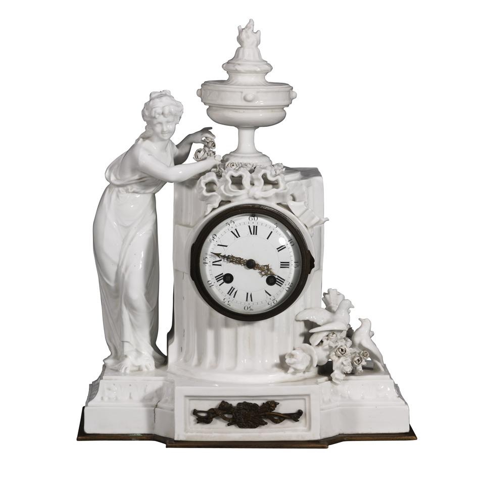 Dresden Style White Porcelain French Figural Mantle Clock, c.1890