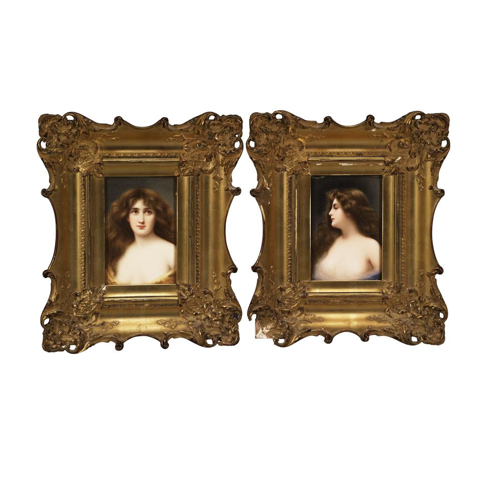 Pair of Dresden Rectangular Portrait Plaques of Young Women, signed Wagner, c.1900