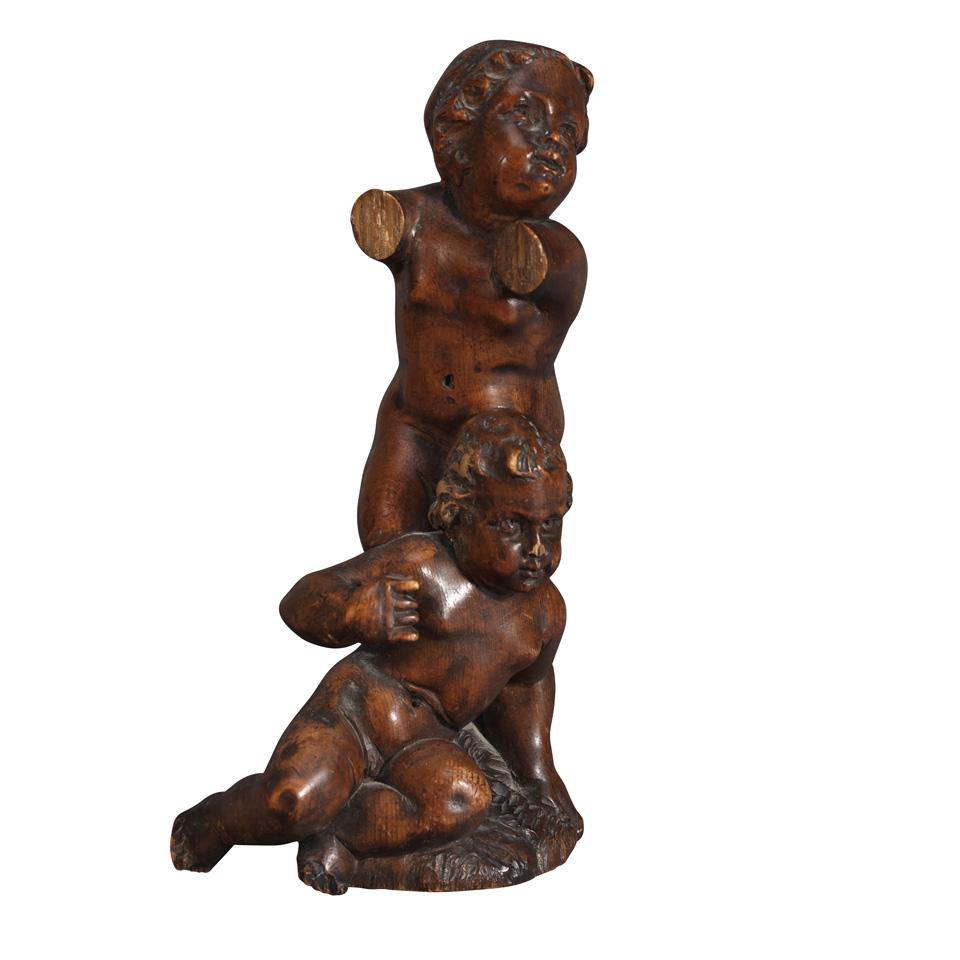 Continental Baroque Carved Pine Group of Two Putto, 18th century