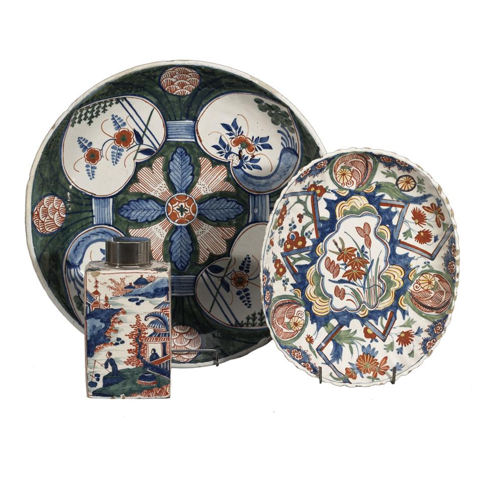 Delft Polychrome Tea Caddy, Circular Dish and an Oval Fluted Dish, 18th/19th century