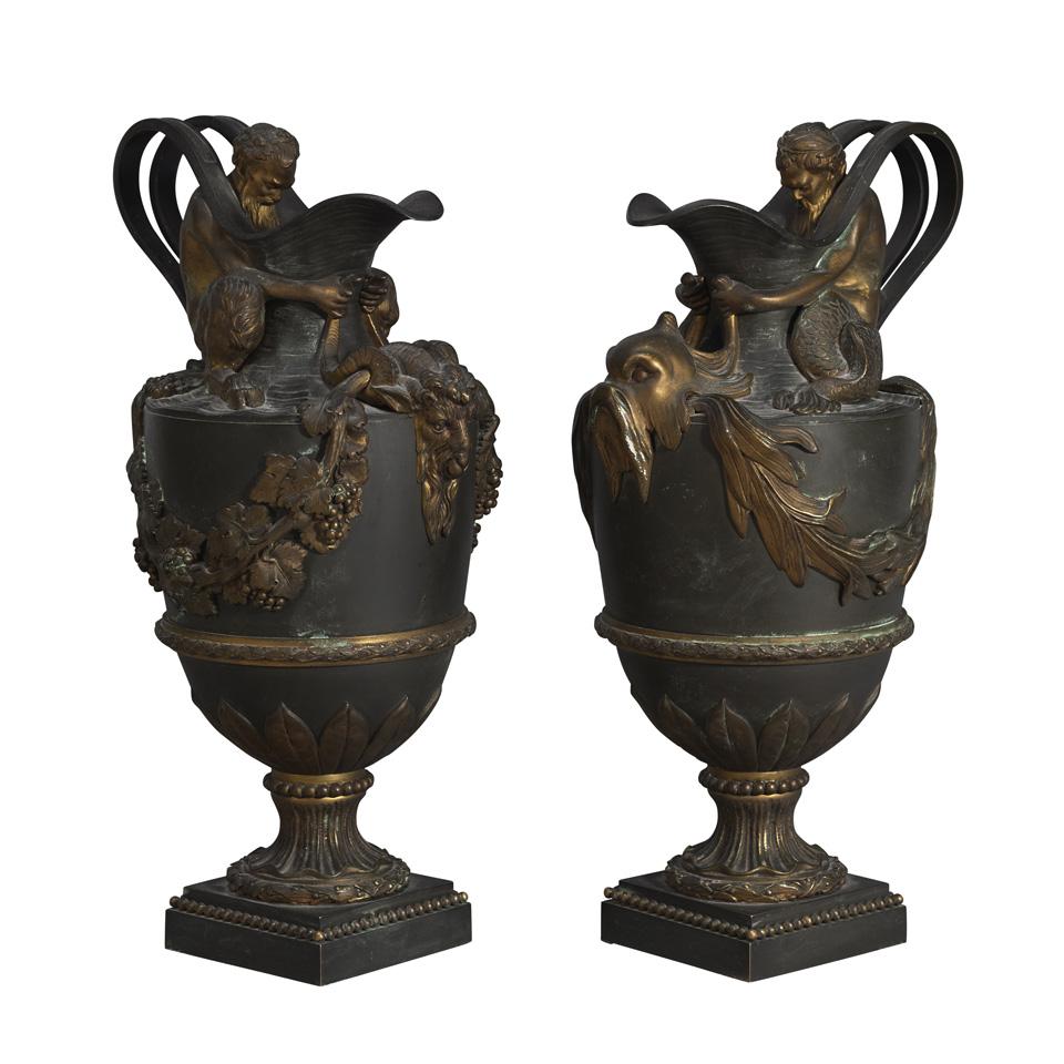 Pair of French Patinated and Gilt Bronze Ewers, late 19th century