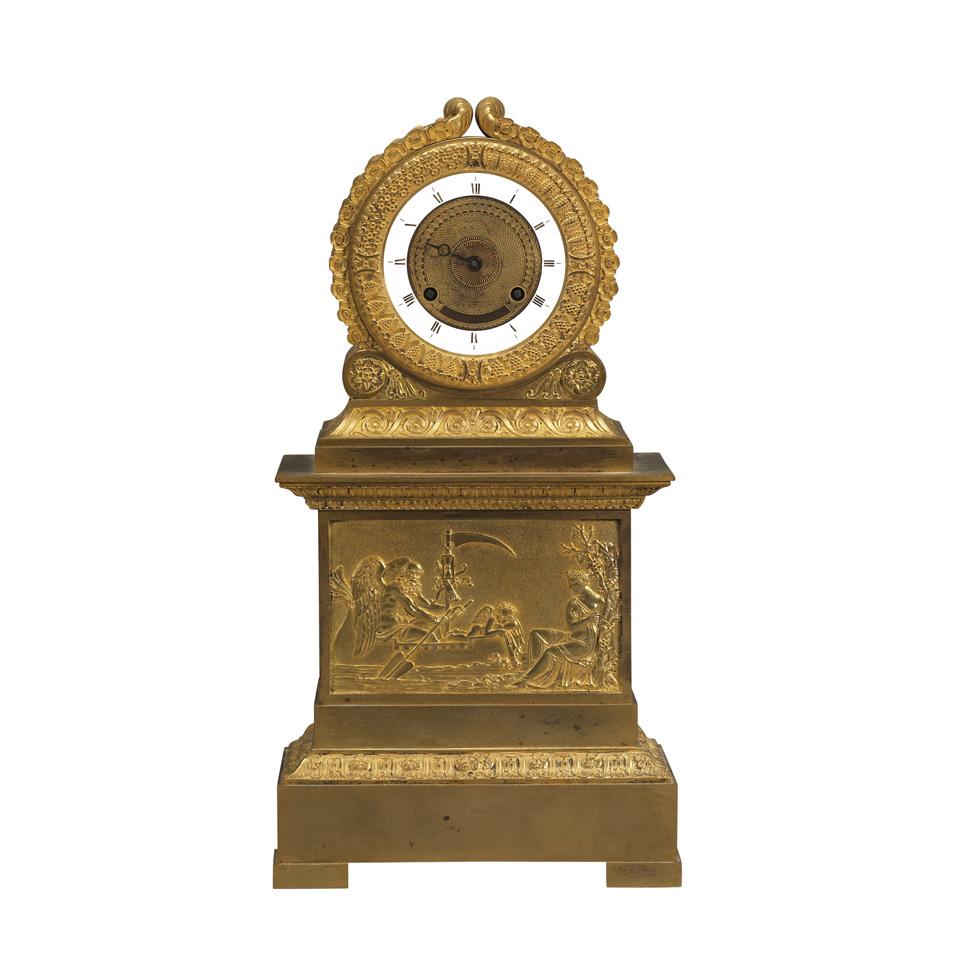 French Restauration Gilt Bronze Mantel Clock, c.1820