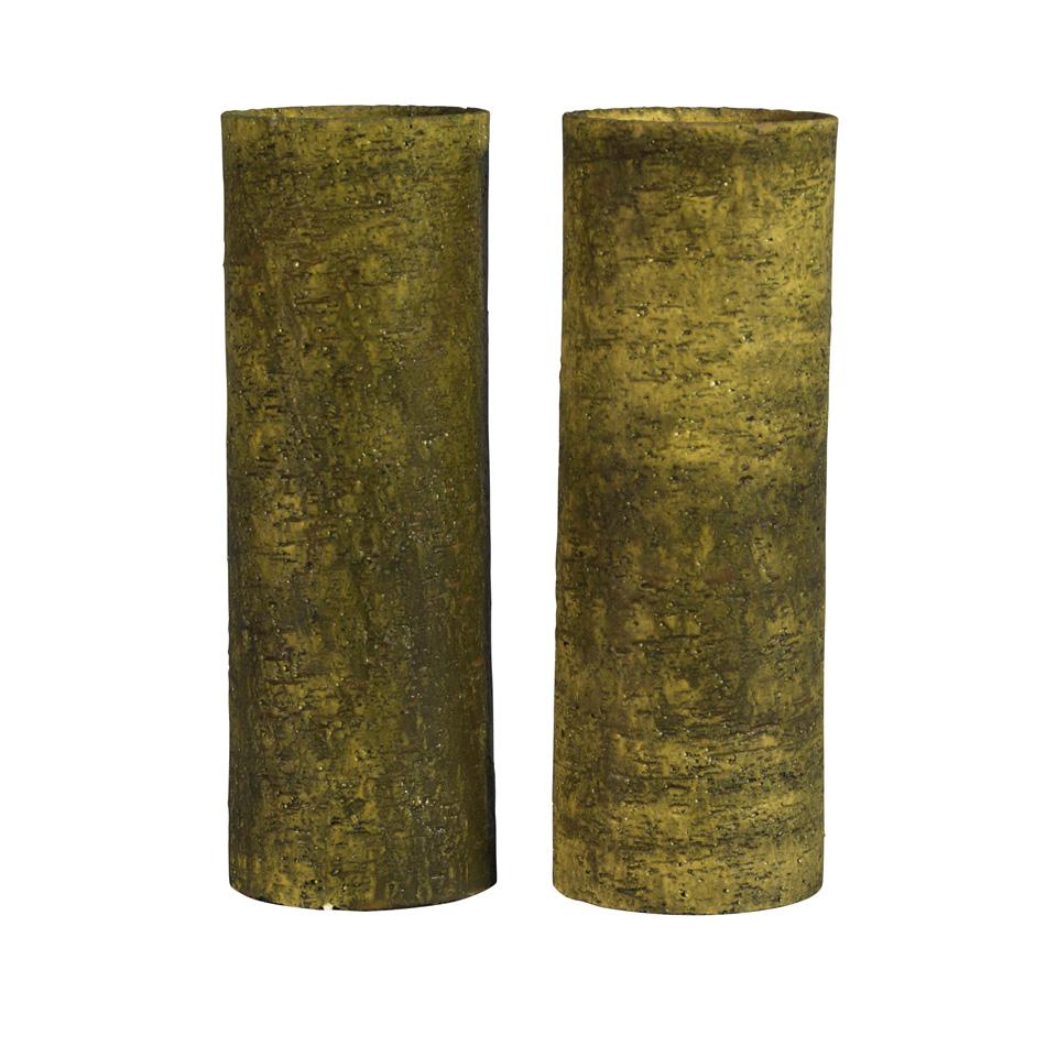 Pair of Marcello Fantoni Green Glazed Cylinder Vases, 1960’s