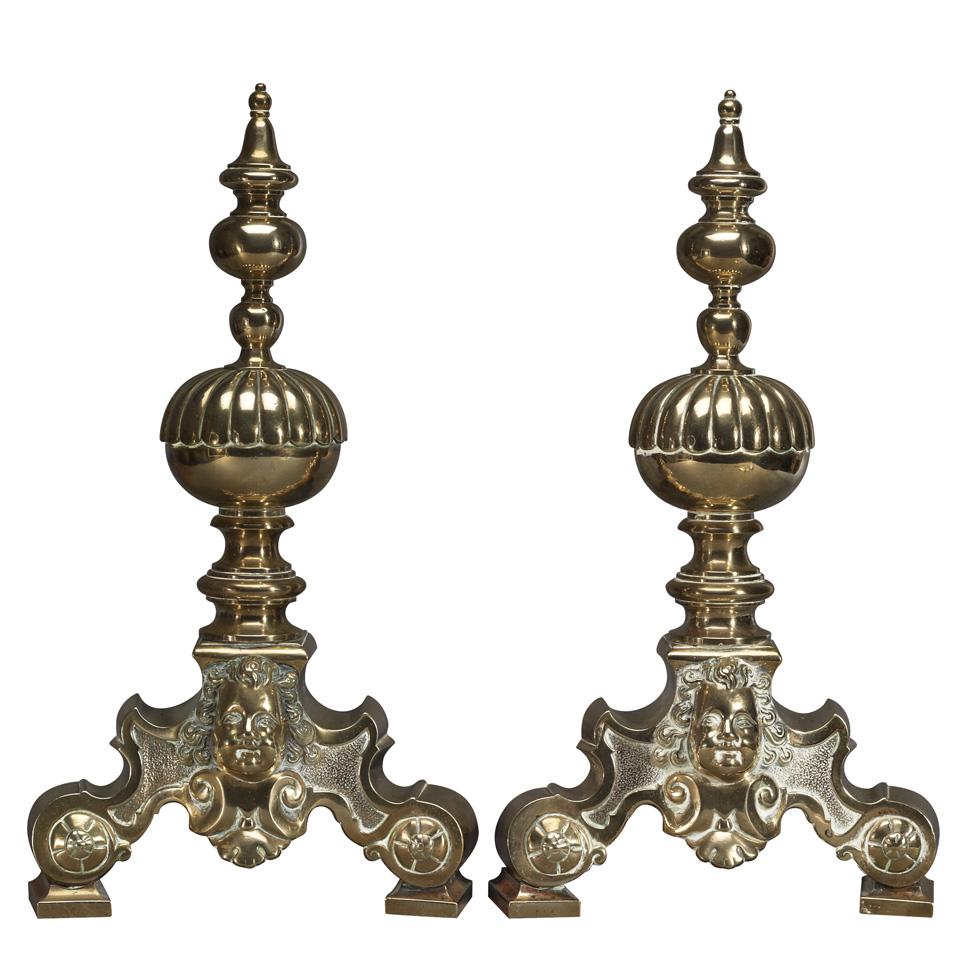 Pair of Dutch Baroque Brass Andirons, 18th/19th century