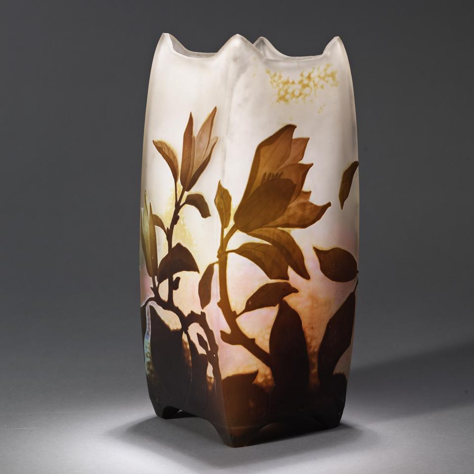 Daum Floral Cameo Glass Square-Sectioned Vase, c.1900