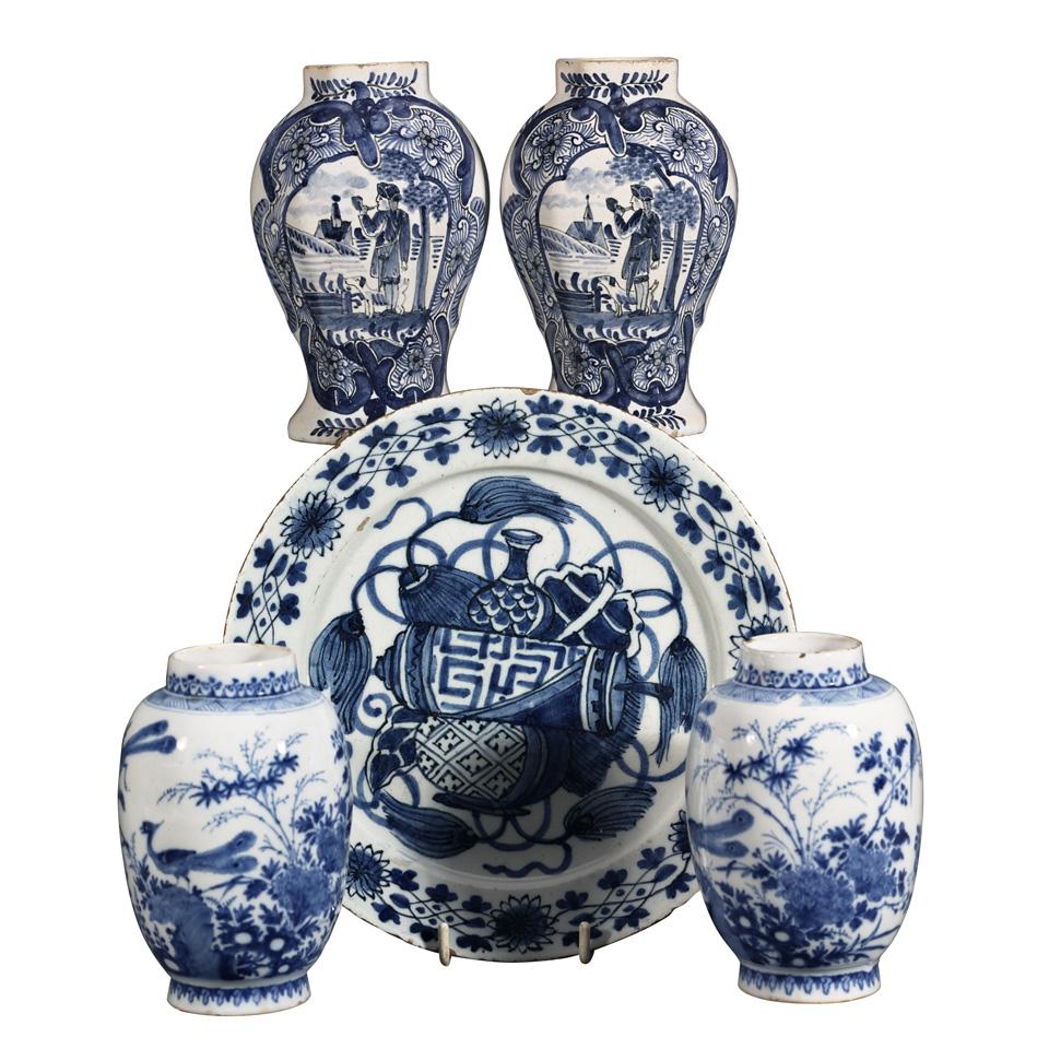 Two Pairs of Delft Small Vases and a Plate, 18th/19th century