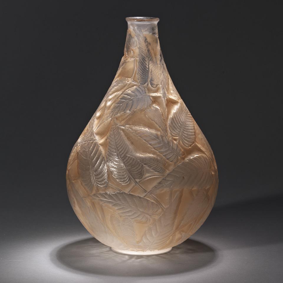 ‘Sauge’, Lalique Moulded and Brown Stained Glass Vase, 1920’s