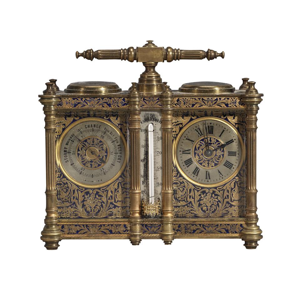 French Gilt Brass Compendium Carriage Timepiece with Weather Station, late 19th century