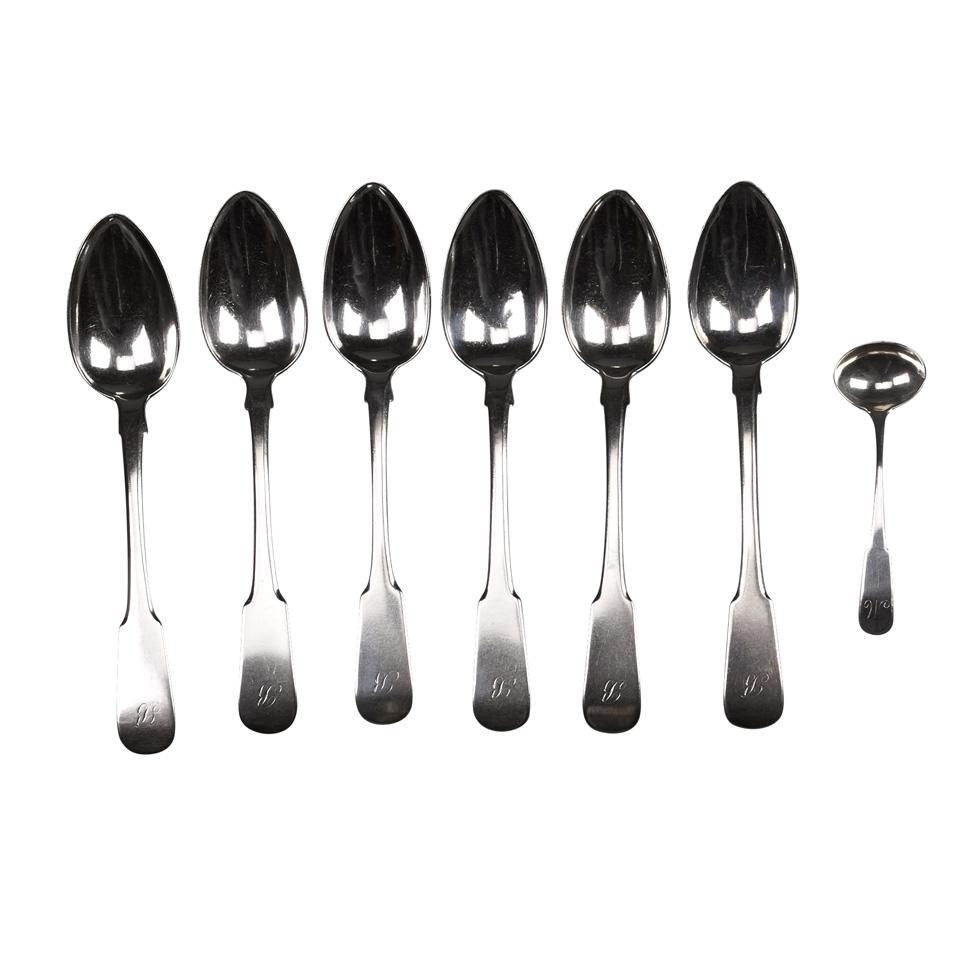 Six Scottish Provincial Silver Fiddle Pattern Dessert Spoons, Robert Naughton, Inverness, and a Salt Spoon, Robert Keay I, Perth, c.1825-30