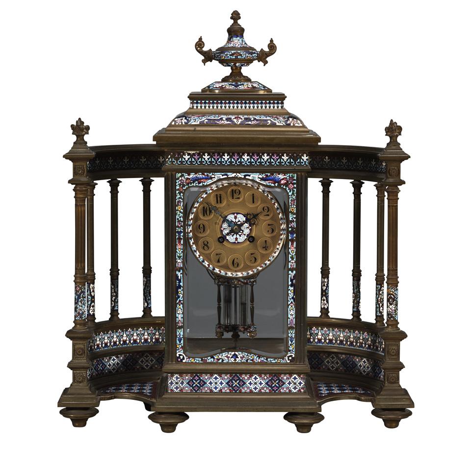 Large French Champleve Enamelled and Gilt Bronze Temple Form Mantle Clock, c.1900