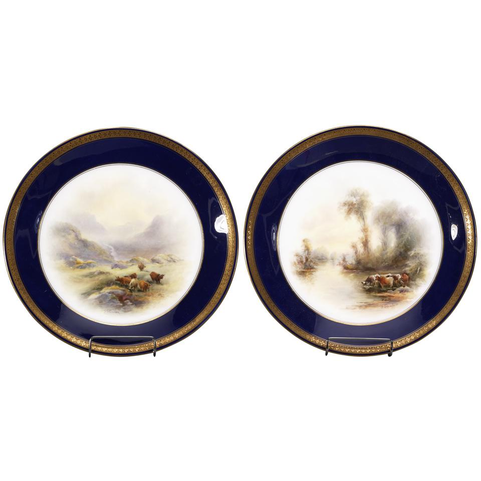 Pair of Royal Worcester Highland and Lowland Cattle Plates, John Stinton, 1914