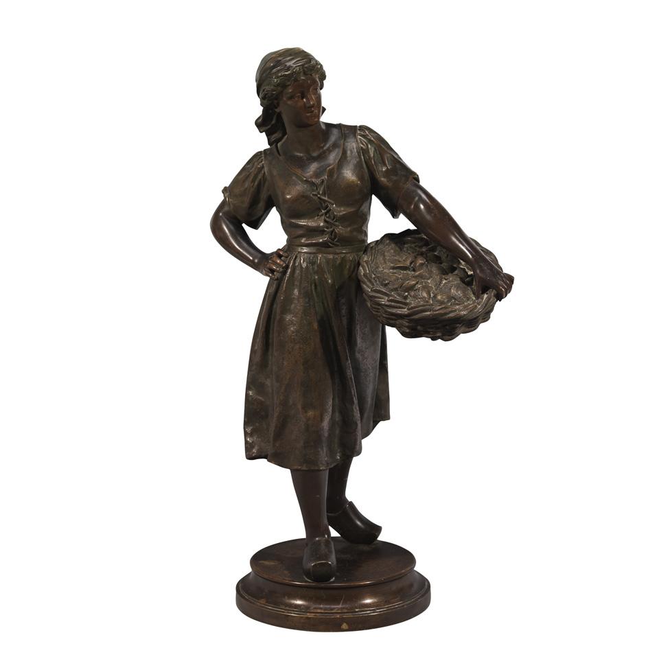 French Patinated Bronze Figure of a Dutch Maiden Gathering Mollusks, 19th century