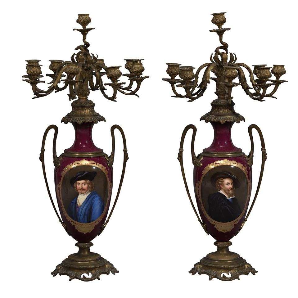 Pair of Sevres Style Porcelain Mounted Gilt Bronze Candelabra, c.1900