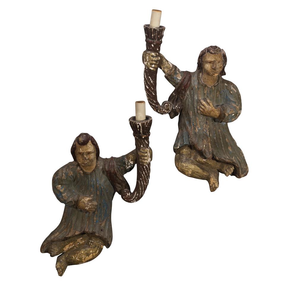 Pair of Carved and Polychromed Figural Wall Sconces, early 19th century