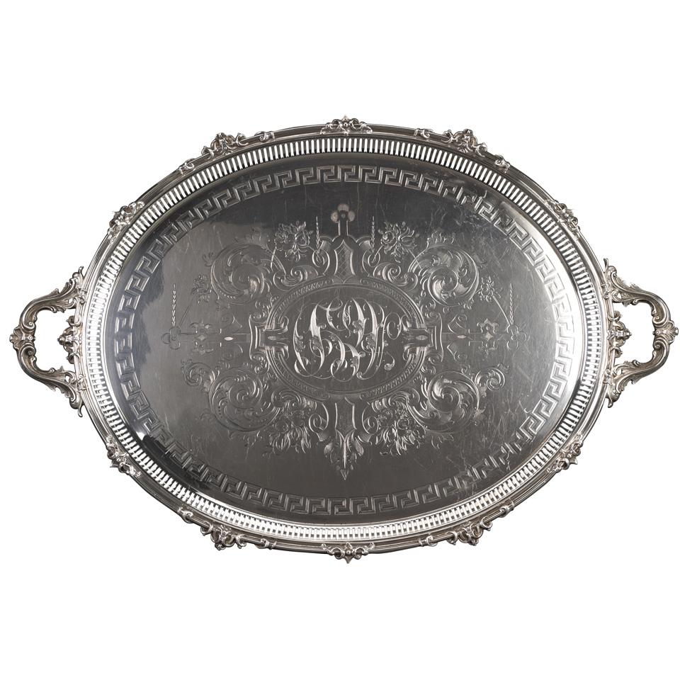 Victorian Silver Two-Handled Oval Serving Tray, Martin Hall & Co., Sheffield, 1858